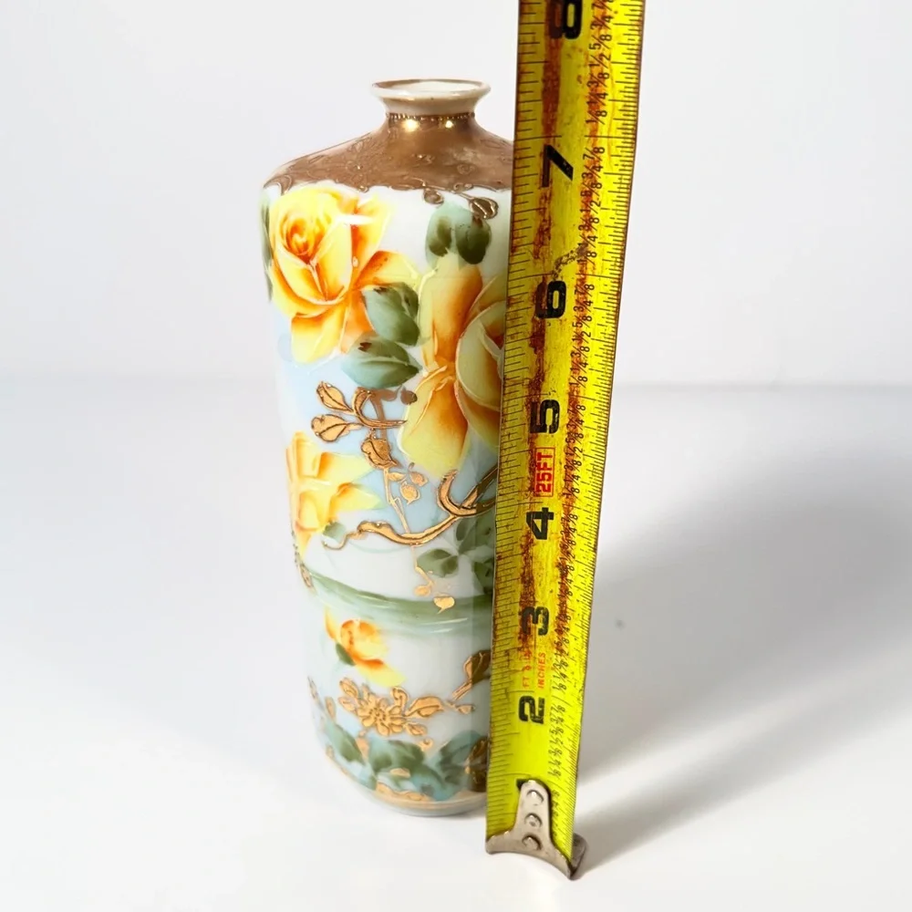 Antique Signed Nippon Moriage Hand Painted Yellow Roses Vase With Wisteria Motif